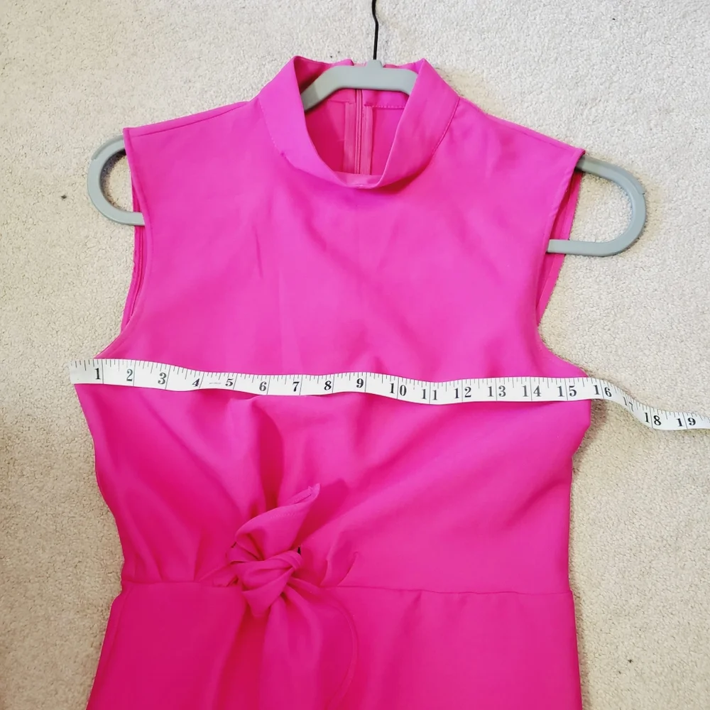 Mango Barbie Pink Mockneck Retro Ruched Tie Front Dress S - Picture 4 of 7